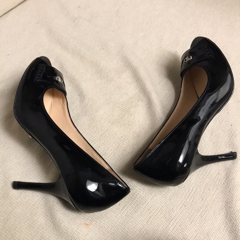 Cole Haan NikeAir Patent Leather Penny Loafer Peep Toe Heel Pumps Black